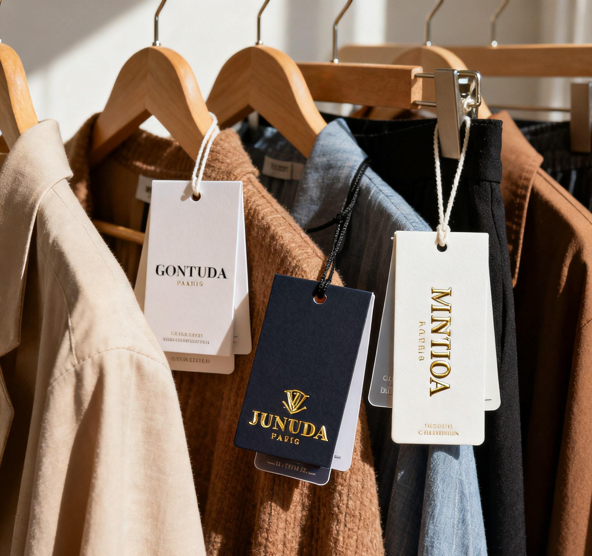 Hanger tags for clothes showing diverse brand identities and printing styles